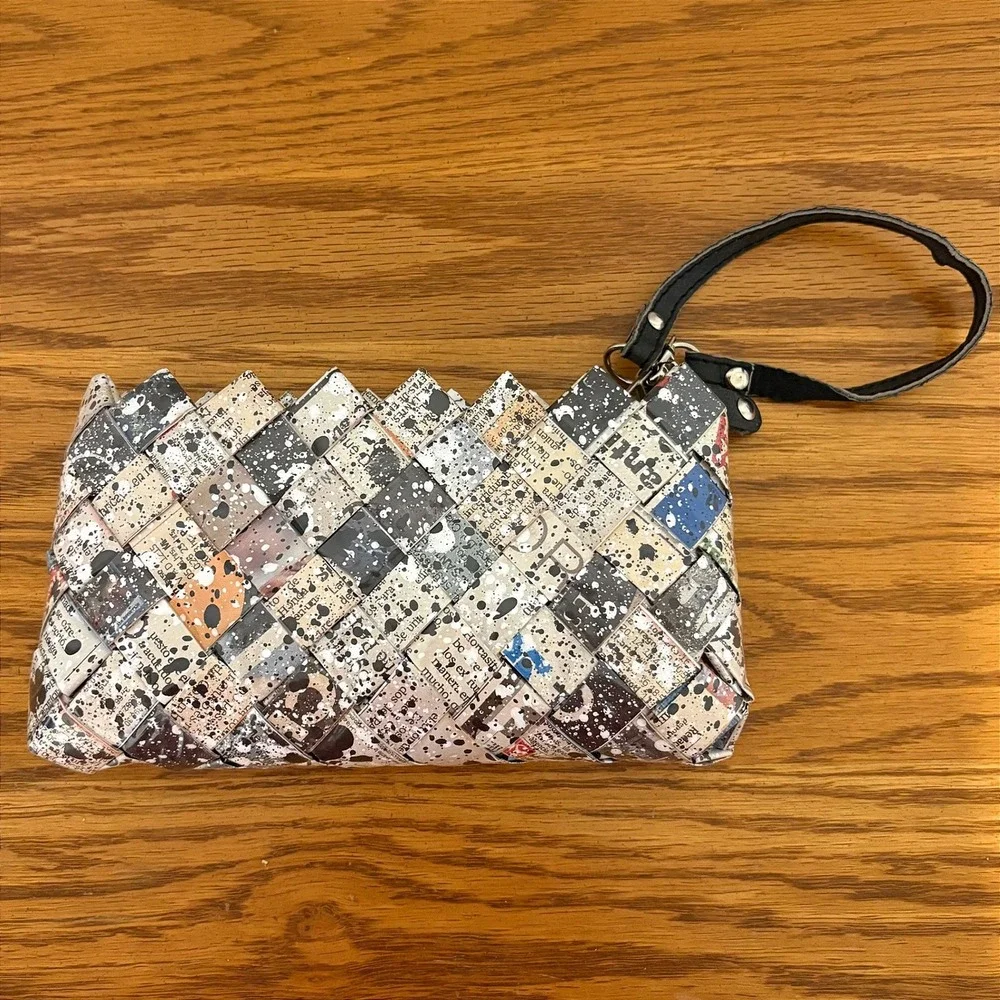 Nahui Ollin Recycled Paper Woven Wristlet Clutch Newspaper Paint Splatter Print